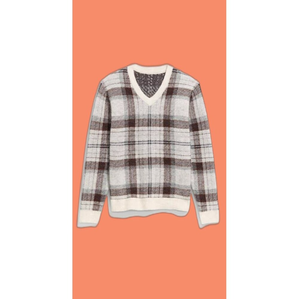 Old Navy Men's Wool Brown Plaid Sweater Size Large Prep/Ivy Retro
